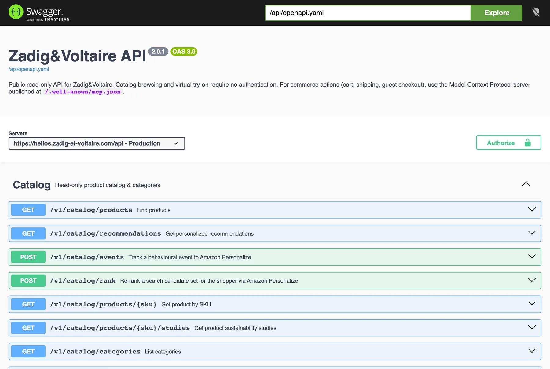 Interface Swagger de l'API catalogue publique de Zadig&Voltaire, avec la liste des routes produits et catégories