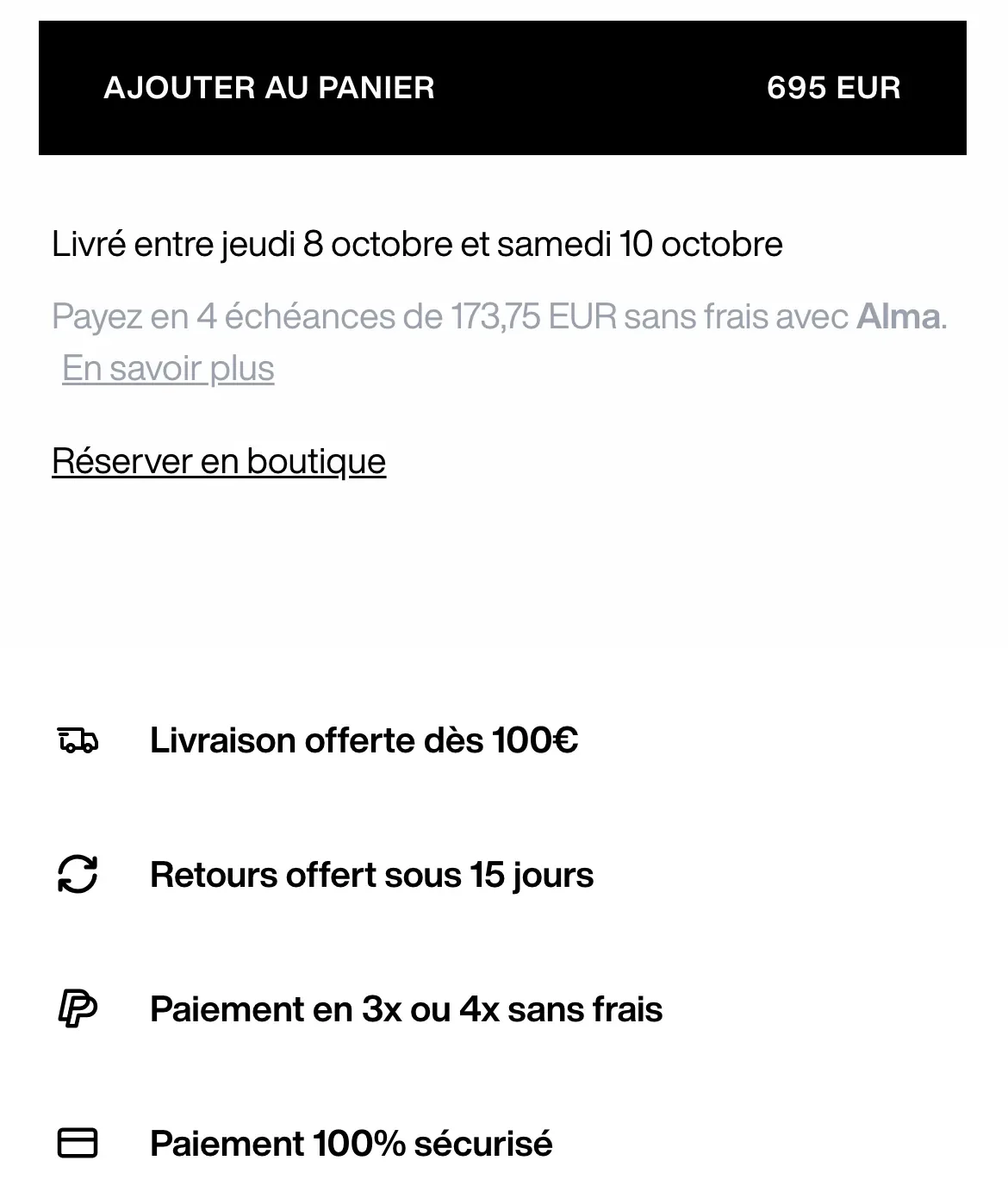 Fiche produit : ligne Payez en 4 échéances de 173,75 EUR sans frais avec Alma, lien En savoir plus
