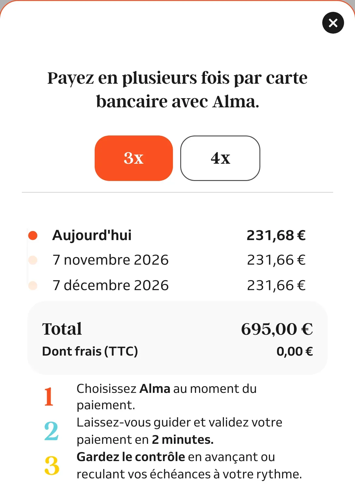 Fenêtre Alma : choix 3x ou 4x, échéancier et total sans frais