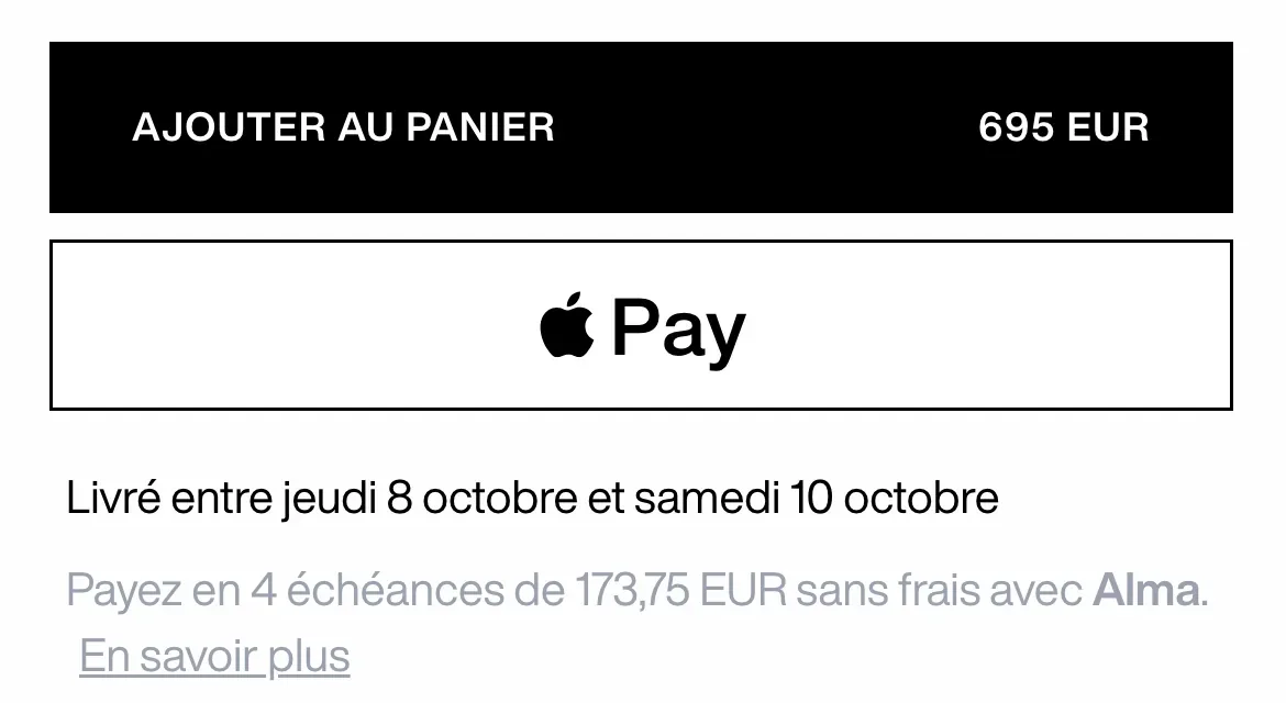 Fiche produit mobile : bouton Ajouter au panier, bouton Apple Pay en dessous, estimation de livraison et mention Alma