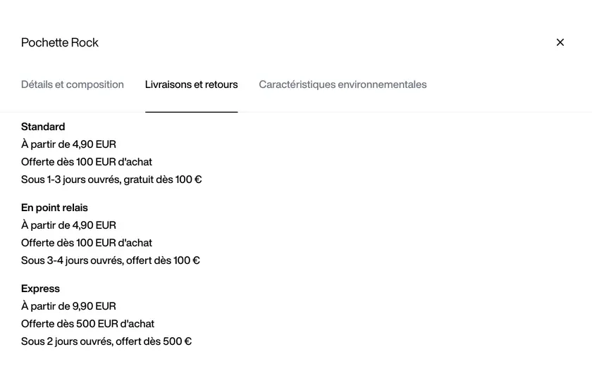 Onglet Livraisons et retours d'une fiche produit, listant les offres Standard, En point relais et Express avec leur prix et leur seuil de gratuité