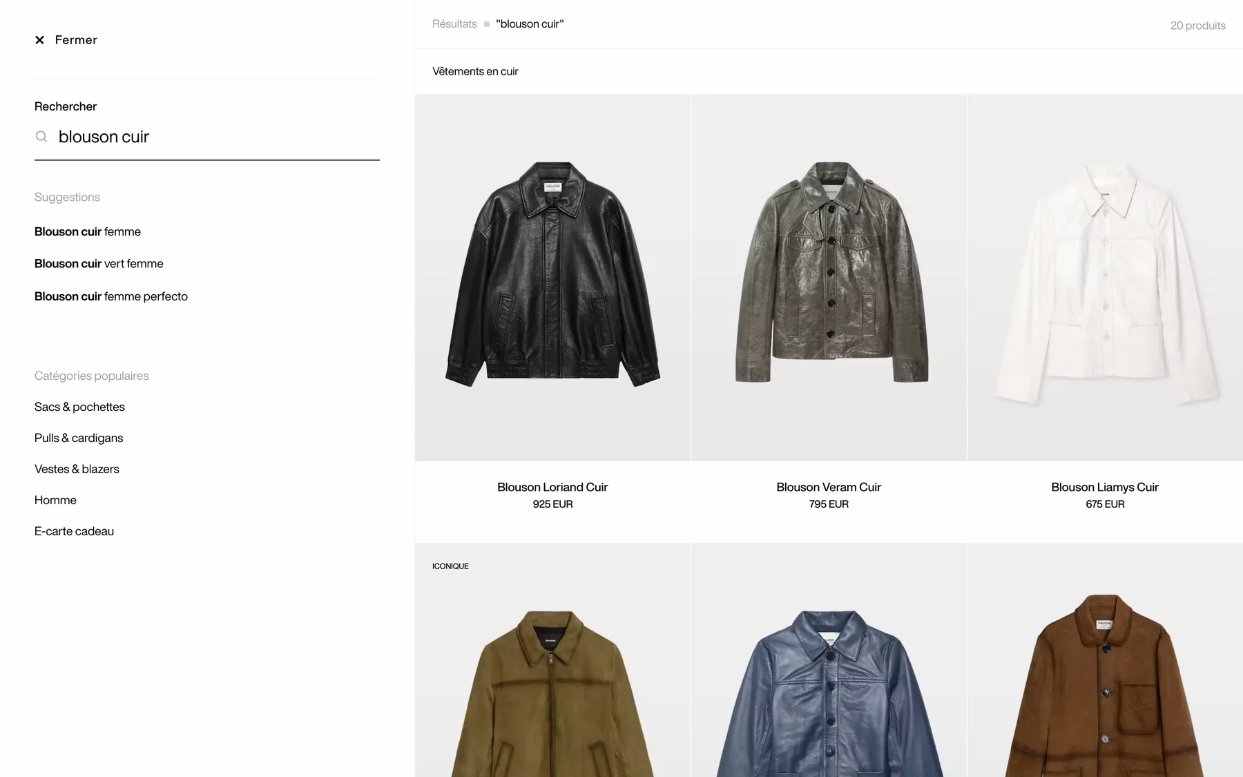 Panneau de recherche du site pour la requête blouson cuir, servi par Algolia, avec suggestions de requêtes et bloc de catégorie
