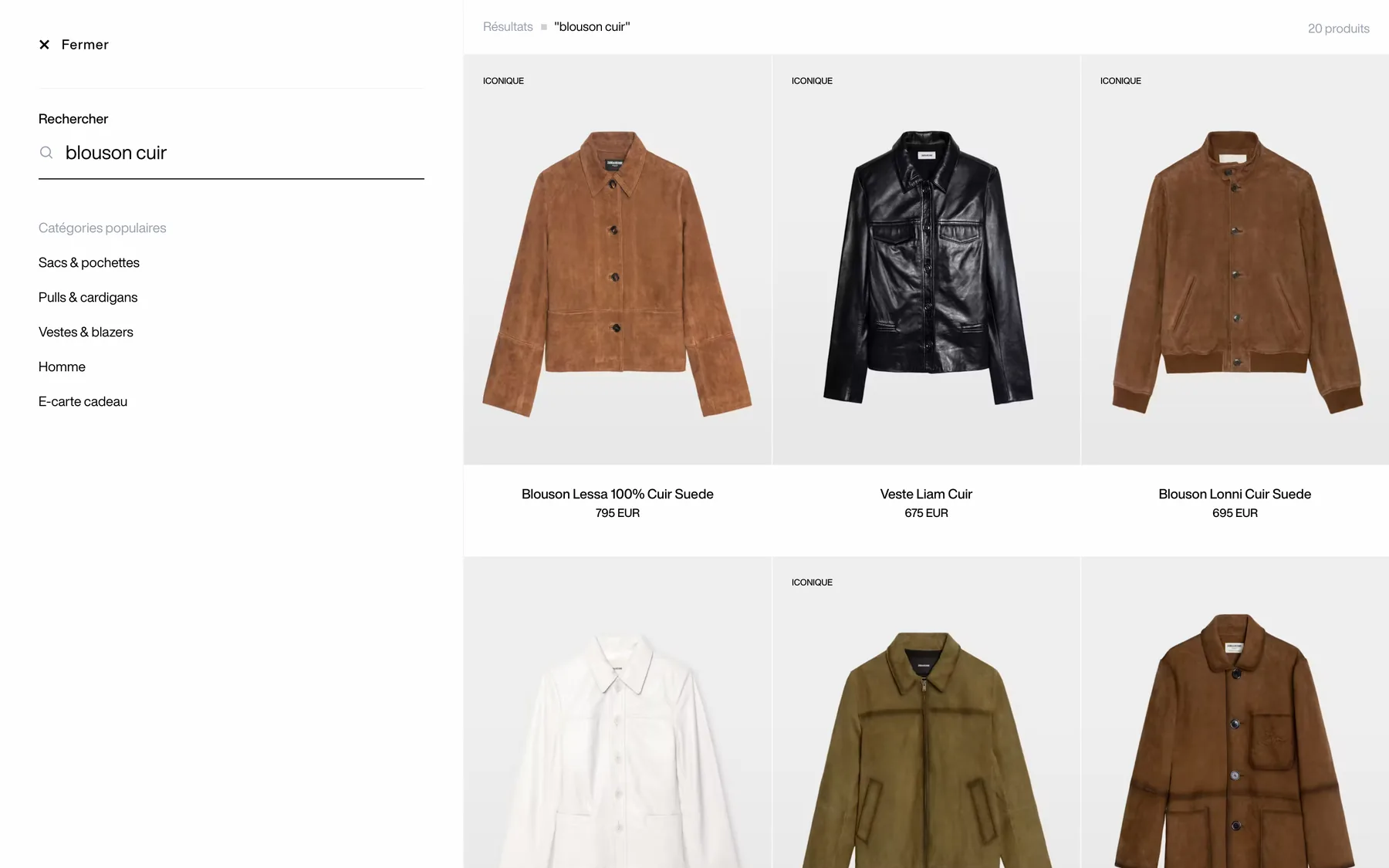 Même requête blouson cuir servie par Meilisearch, sans bloc de suggestions