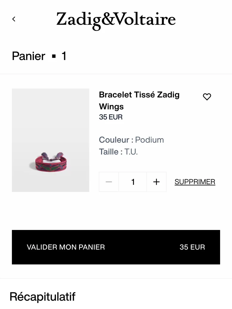 Page panier sur mobile : l'article, puis le bouton Valider mon panier visible sans défilement, puis le récapitulatif