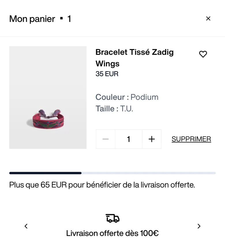 Mini-panier sur mobile avec un article à 35 euros et une barre de progression indiquant qu'il reste 65 euros pour bénéficier de la livraison offerte