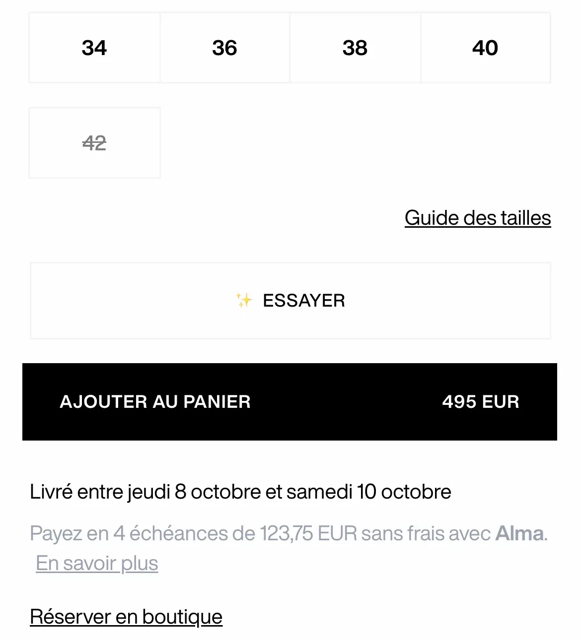Fiche produit mobile de la veste Vallo, avec le bouton Essayer entre le choix de taille et l'ajout au panier