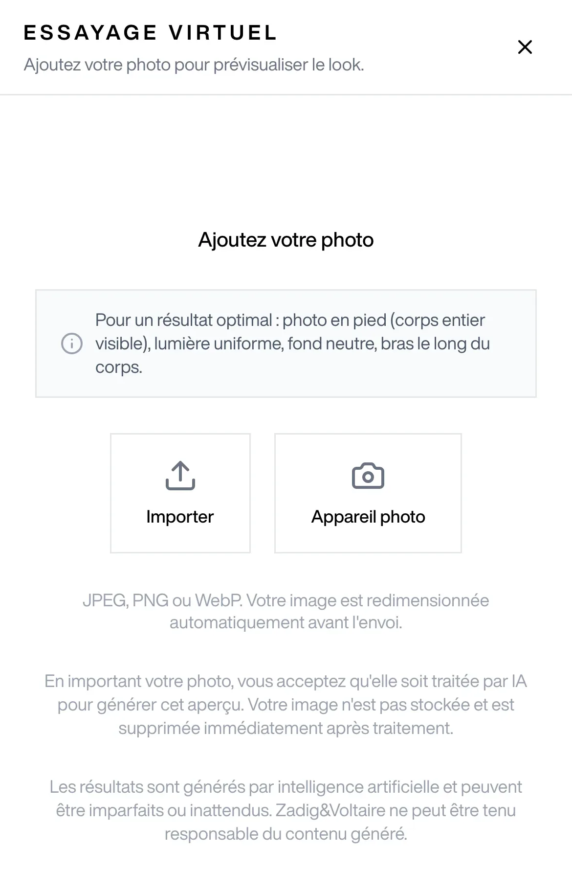 Fenêtre Essayage virtuel sur mobile : conseils de cadrage, boutons Importer et Appareil photo, mentions sur le traitement par IA