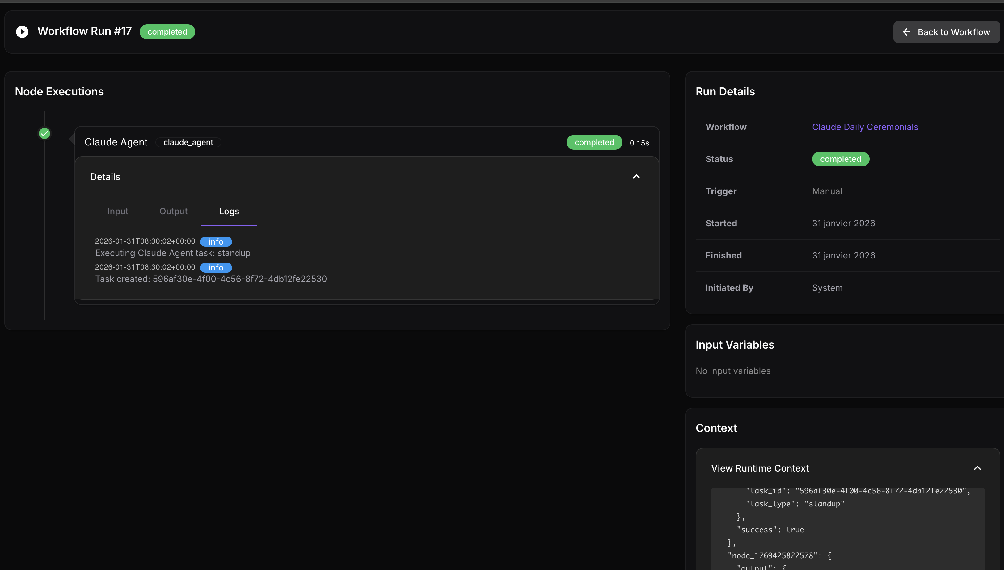 Détail d'une exécution avec logs