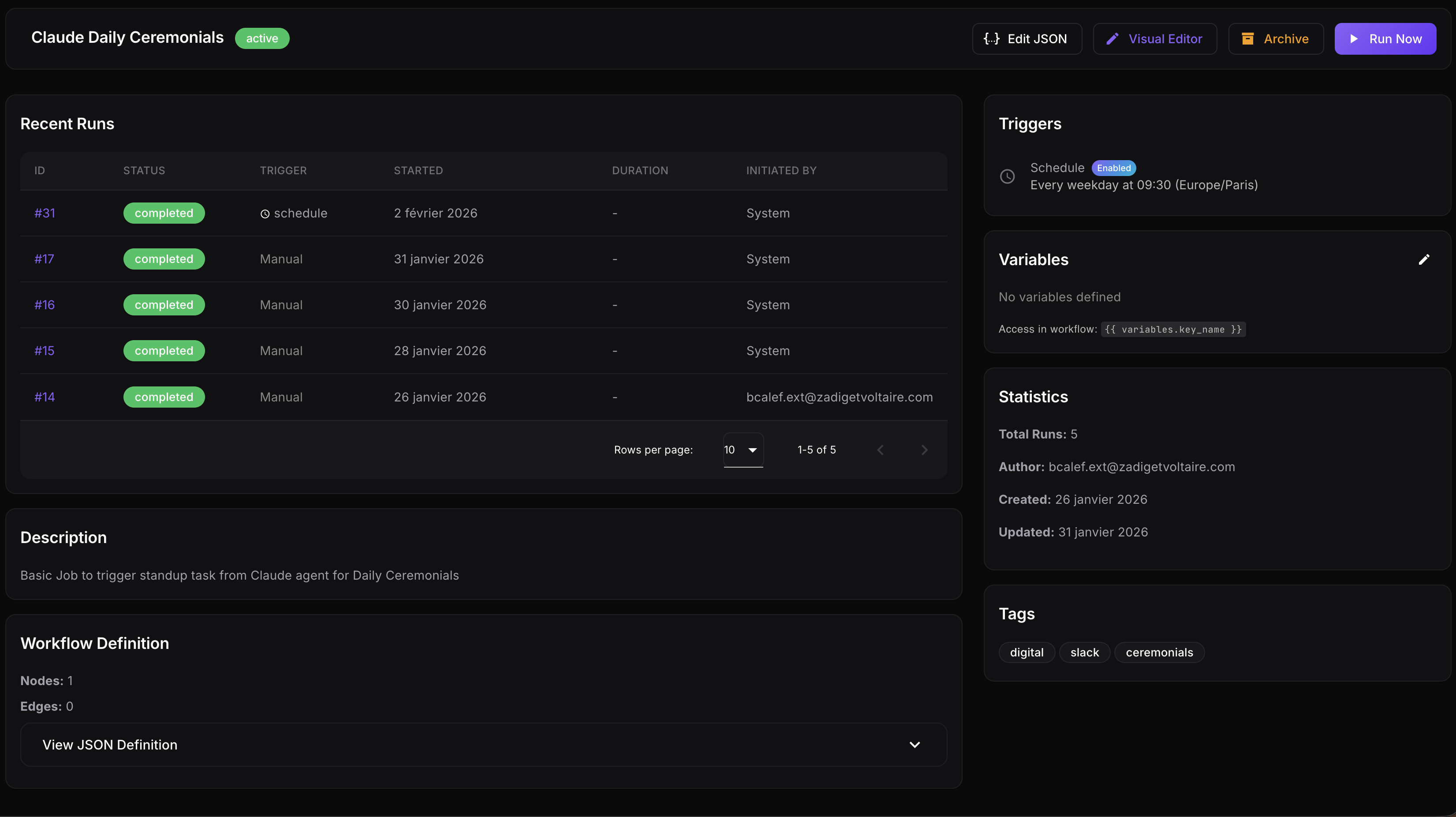 Dashboard d'un workflow avec historique des runs
